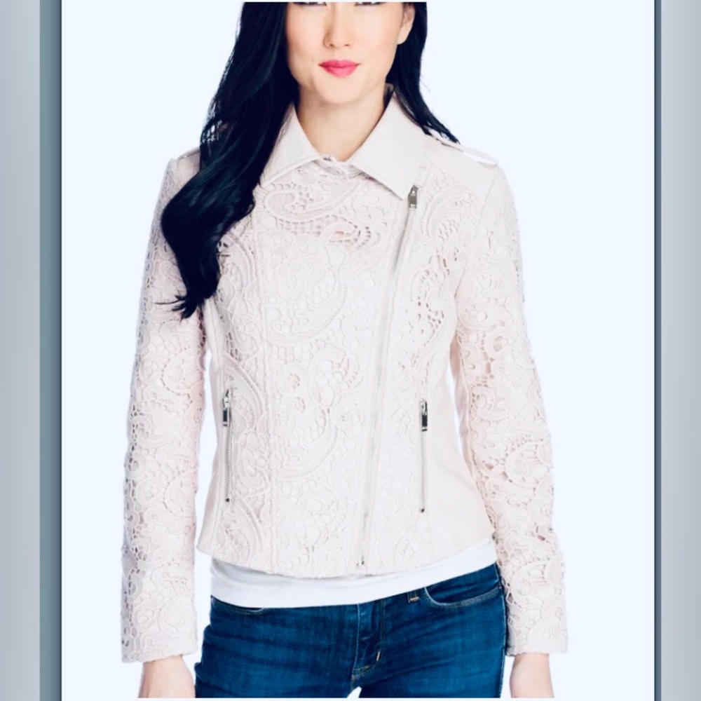 Kate & Mallory Women's Cream my White Faux Leather and Lace Moto Jacket
